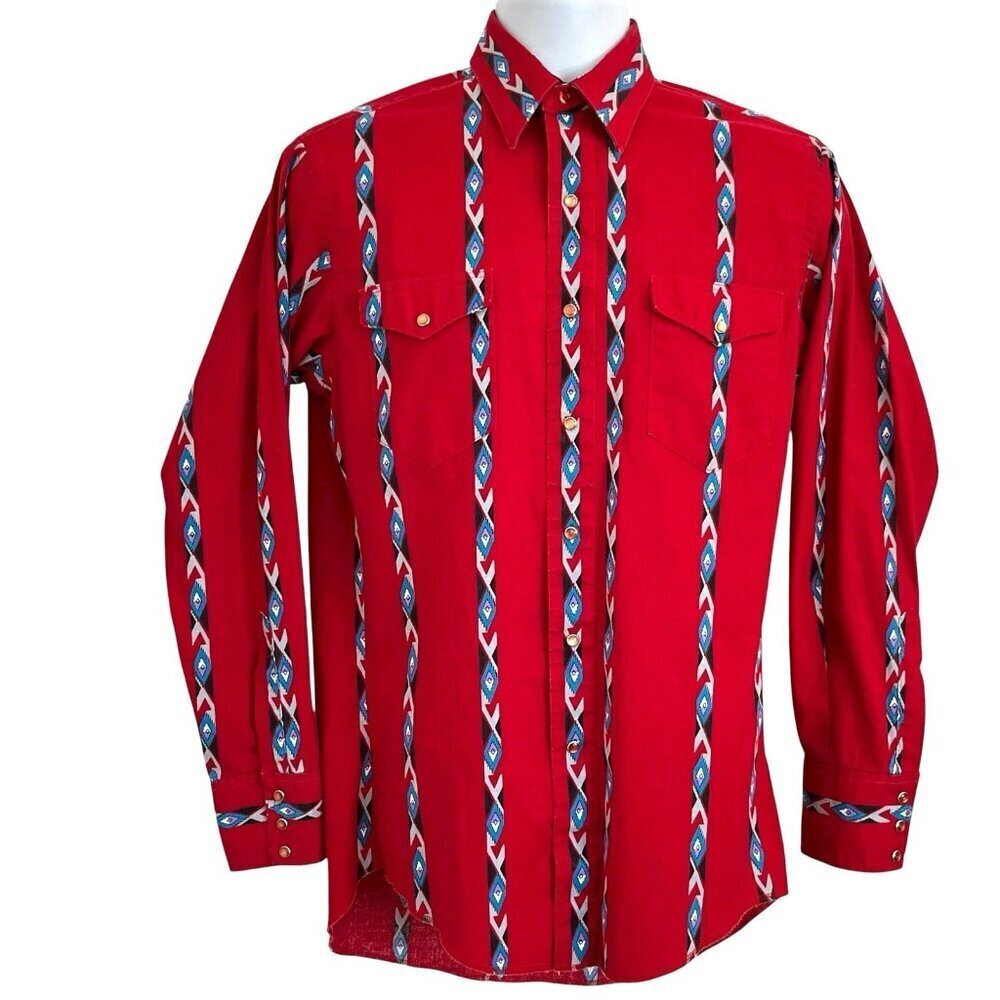 Vtg Wrangler Pearl Snap Shirt Men S 15-33 Aztec Southwestern Red Striped Western